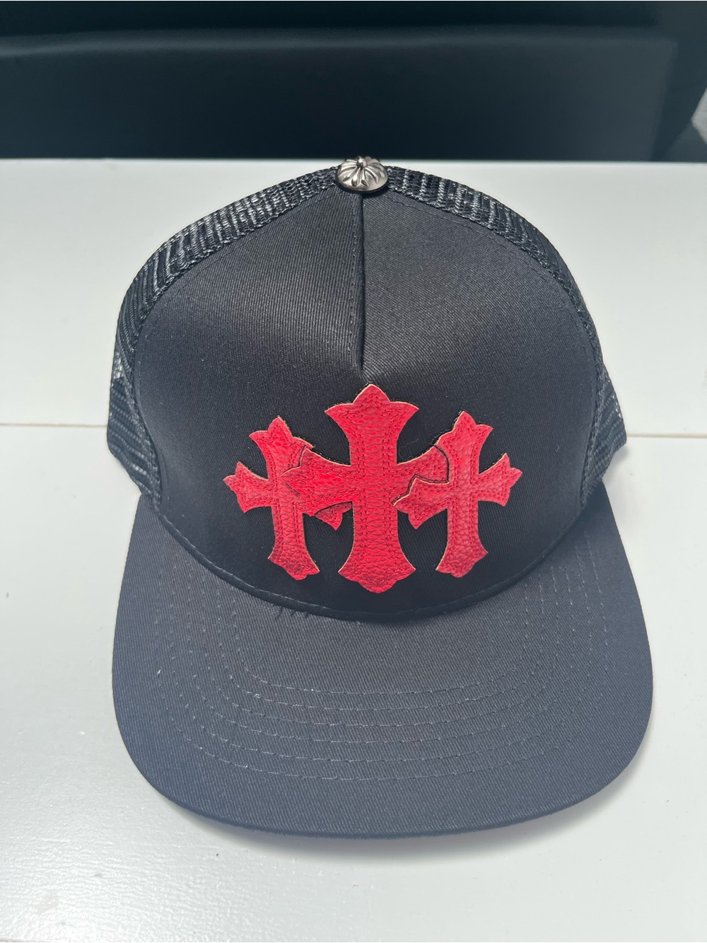 Black Trucker Hat with Red Triple Cross Patch